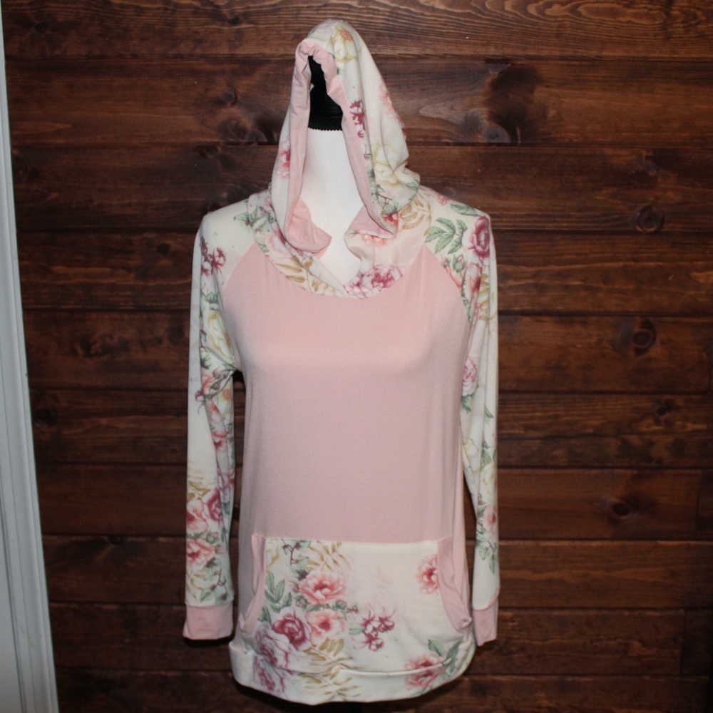 Women's Solid Floral Print Rayon Hoodie Rose